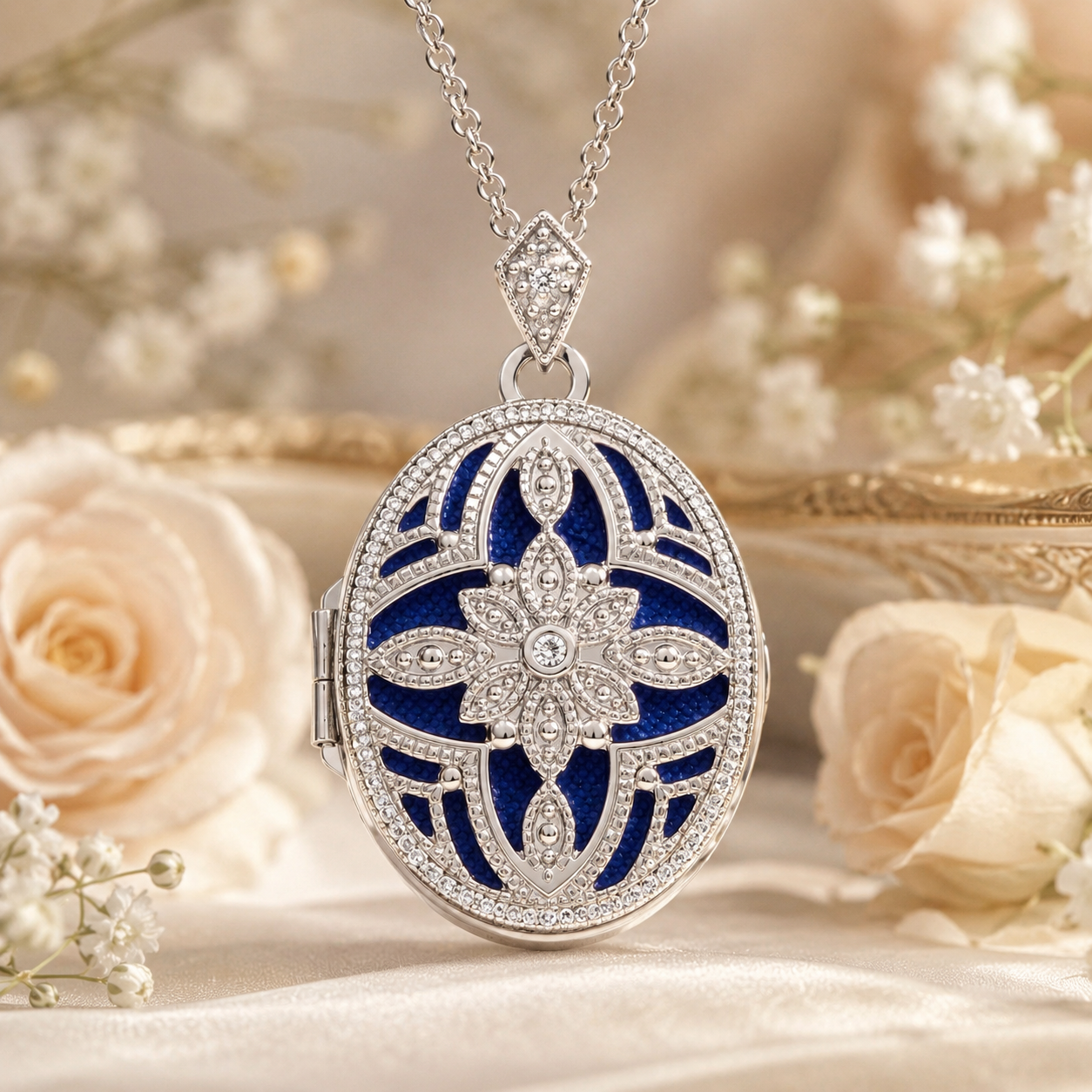 J R Jewellery Vintage Oval Locket featuring intricate design and vibrant blue enamel finish