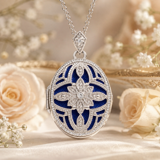 J R Jewellery Vintage Oval Locket featuring intricate design and vibrant blue enamel finish