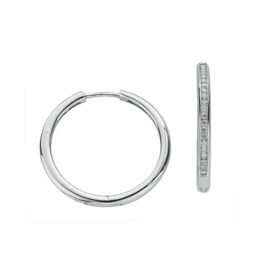9ct White Gold 0.50ct Diamond Hoop Earrings 27.5mm Diameter Channel Set