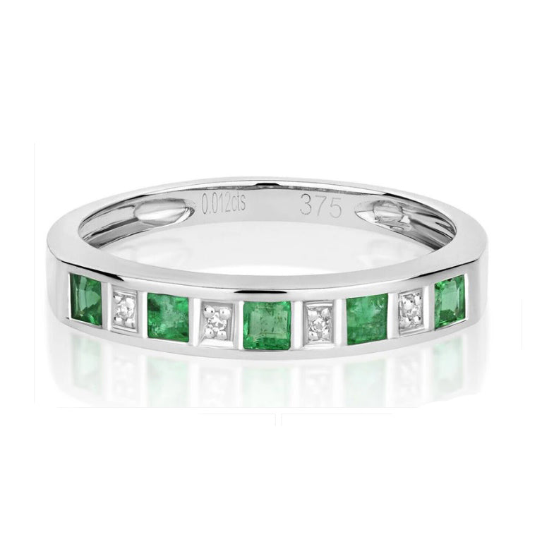 Real Emerald and Diamond Eternity Ring Solid White Gold Square Anniversary Band