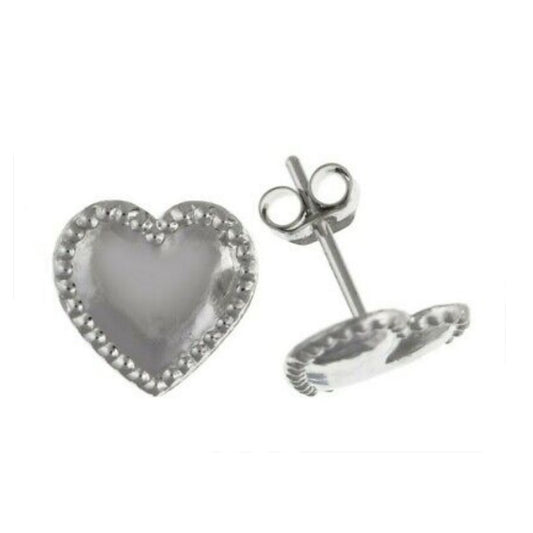 White Gold Heart Stud Earrings Beaded Edge 9 Carat Studs British Made