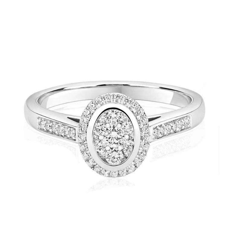 Real Diamond Halo Engagement Ring 9ct White Gold Oval Cluster 0.33 Carat Weight