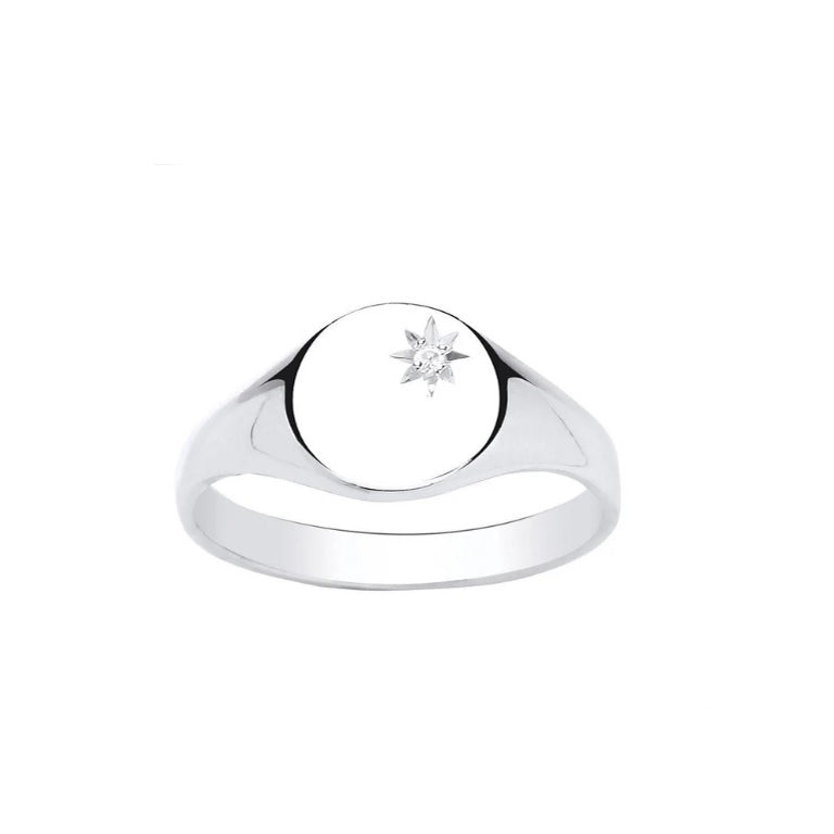 Diamond Signet Ring Solid Sterling Silver Ladies Oval