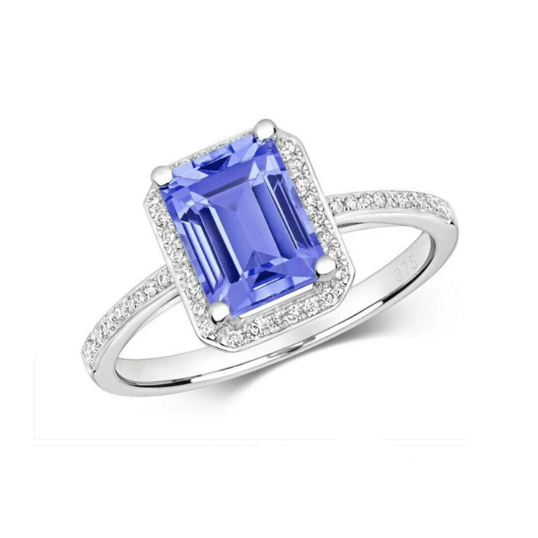 Real Tanzanite and Diamond Ring 9ct White Gold Emerald Cut Engagement Size J - Q