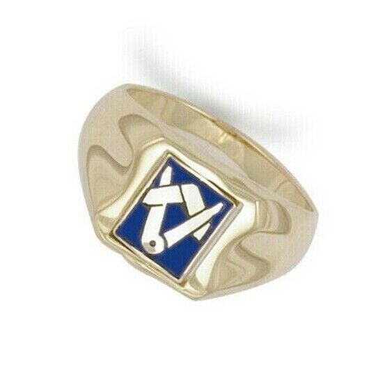 Yellow gold masonic signet ring with blue enamel and square and compass design by J R Jewellery