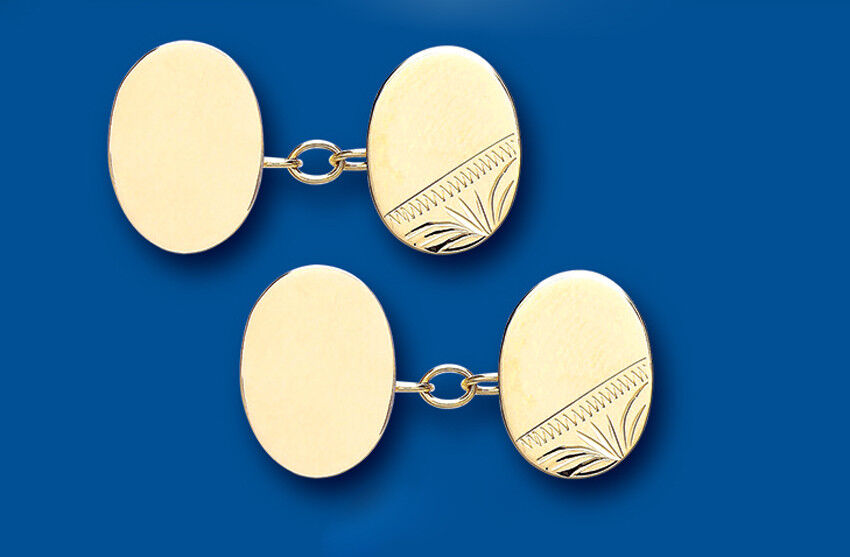 Yellow gold oval cufflinks for men with engraved detail on blue background by J R Jewellery