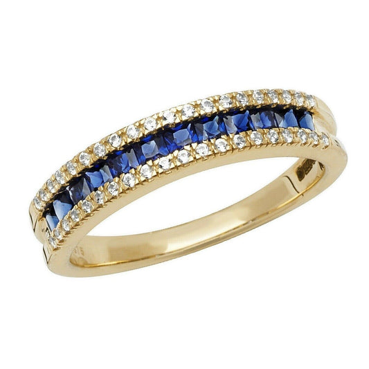 Yellow gold sapphire eternity ring with a row of blue sapphires flanked by sparkling diamonds