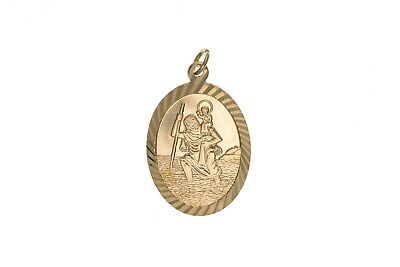 Oval yellow gold St Christopher pendant with detailed engraved design by J R Jewellery