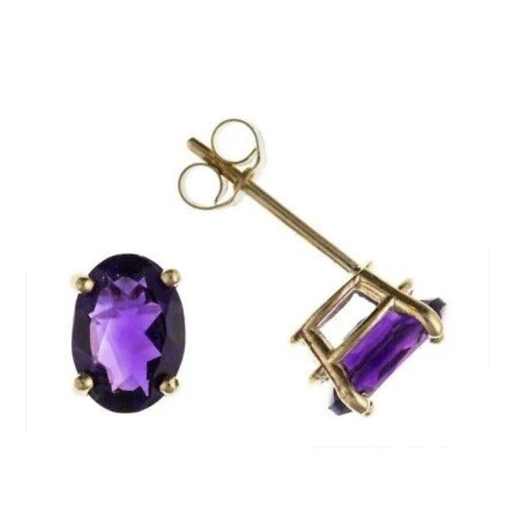 9ct Gold Amethyst Stud Earrings Yellow Gold Oval February Birthstone Hallmark