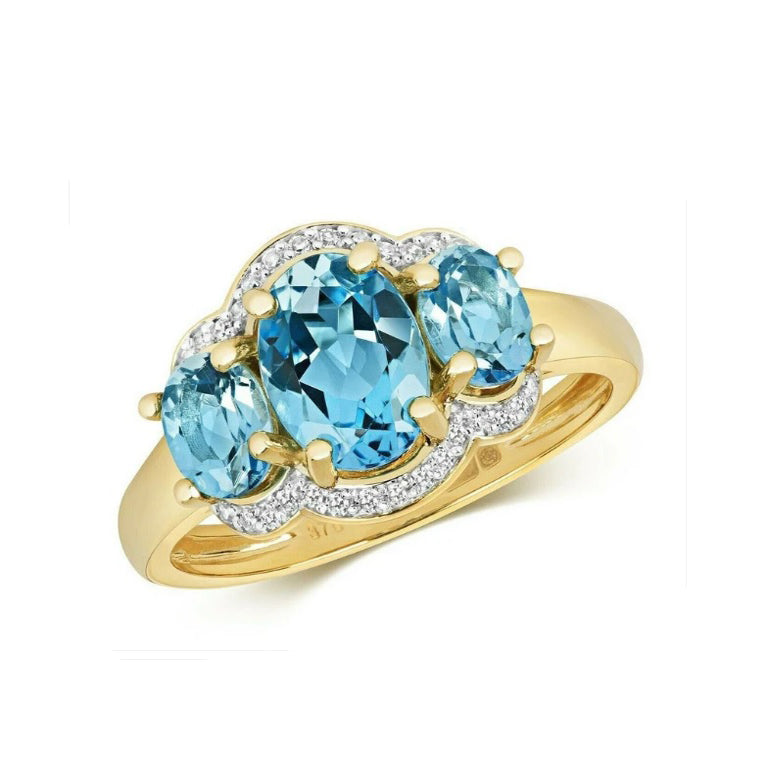 Real Blue Topaz and Diamond Ring Solid Yellow  Gold Three Stone Size JKLMNOPQ