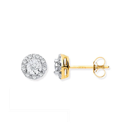 9ct Yellow Gold 0.13ct Diamond Stud Earrings Hallmarked - 7mm