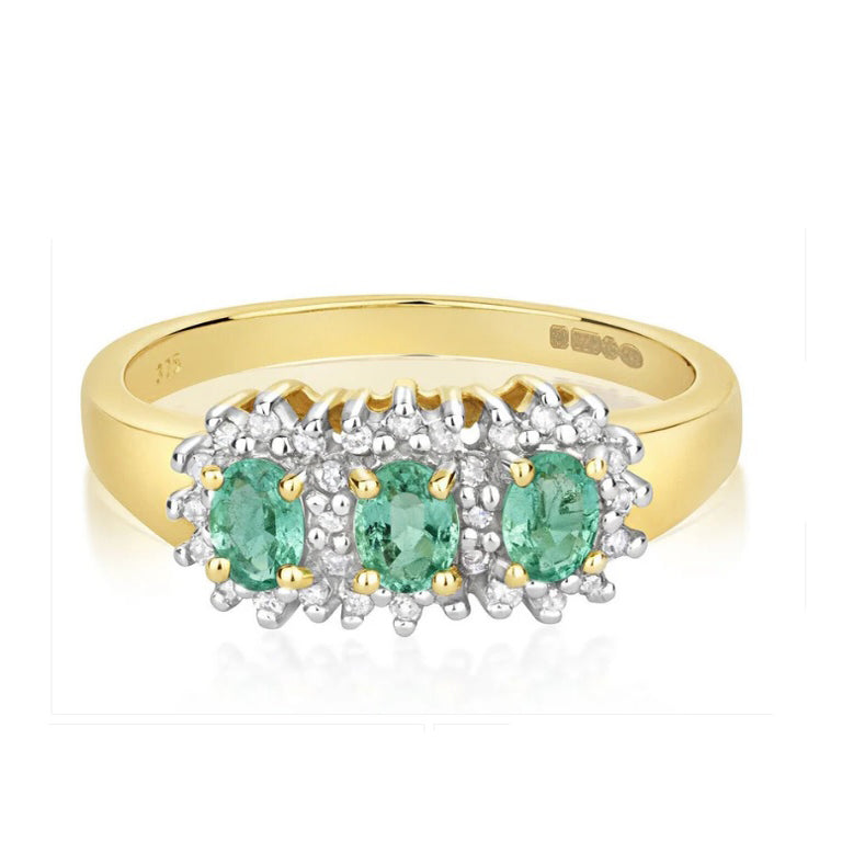 9ct Yellow Gold Real Emerald and Diamond Ring Three Stone Cluster Engagement