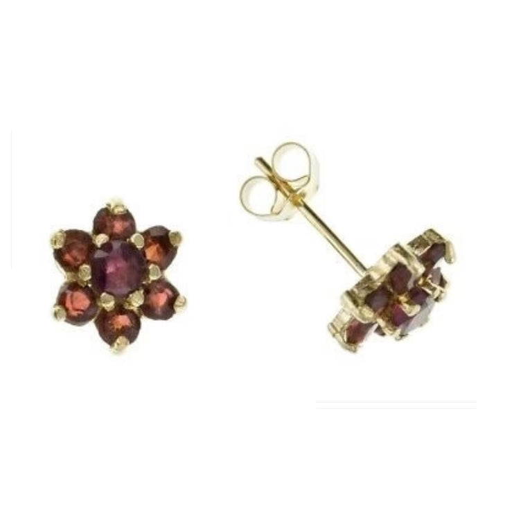 9ct Gold  Garnet Earrings Yellow Gold Cluster January Birthstone Hallmark