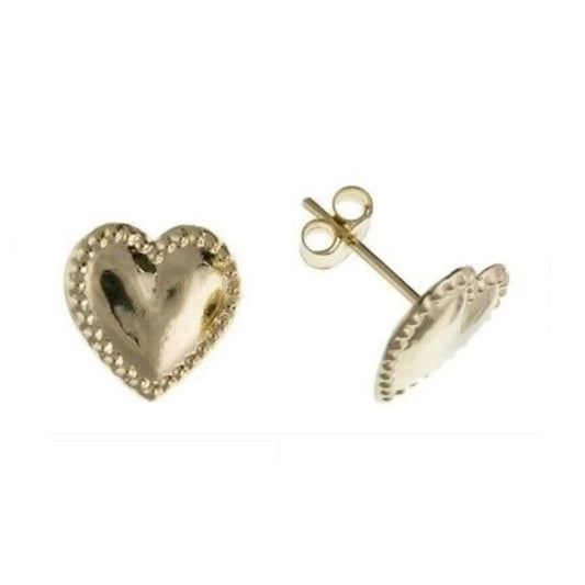 9ct Heart Stud Earrings Beaded Edge Studs Yellow Gold British Made