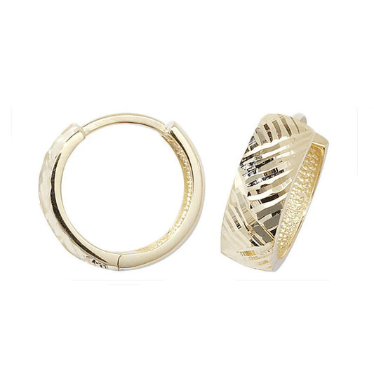 Yellow Gold Huggie Earrings Diamond Cut Hoop 14mm British made 9ct Hallmark