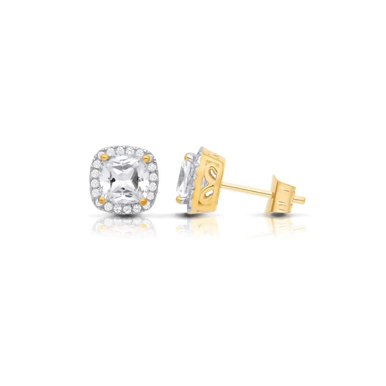 Zircon Cushion Cluster Stud Earrings Solid 9ct Yellow Gold Hallmarked